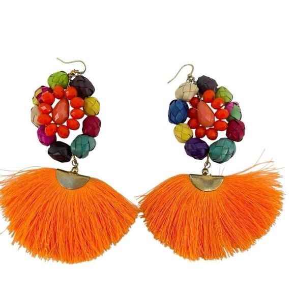 Handmade Colorful Mexican Beaded Tassel Drop Lighweight Statement Earrings - Picture 1 of 7